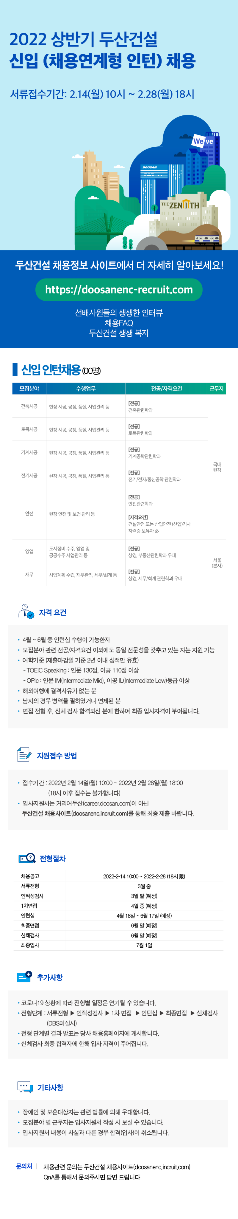 2022 상반기 두산건설 신입(채용연계형 인턴) 채용 공고문.png